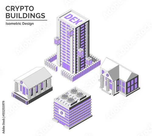 Cartoon Color Mining Farm, DEX ,Virtual Exchange and Bank Crypto Buildings Isolated on a White Background City Concept 3d Isometric View Line Elements. Vector illustration