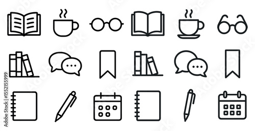 Library and reading outline icons set – flat, lined, books and literacy symbols