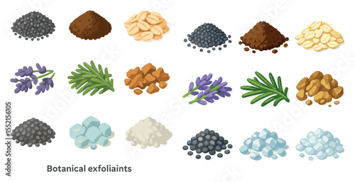 Botanical exfoliants icons set – flat, outline, skincare and beauty symbols