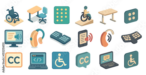 Accessibility and assistance icons set – flat, filled, disability and support symbols