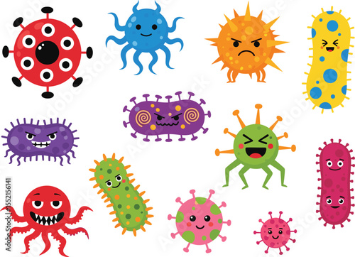 Cartoon microbes collection, colorful virus and bacteria characters, educational pathogen design, cute germ illustration, medical science vector, microscopic creature set