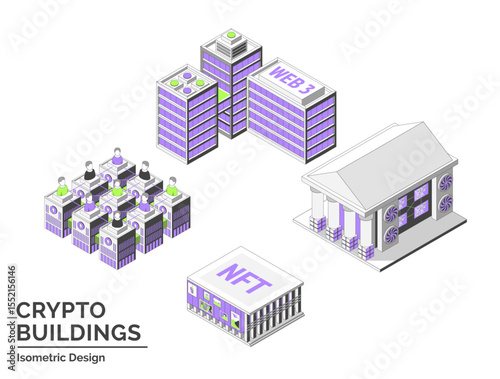 Cartoon Color NFT Gallery, Startup Coworking, Mining Farm and DAO Office Crypto Buildings Isolated on a White Background City Concept 3d Isometric View Line Elements. Vector illustration
