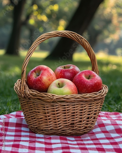 Fresh apples in a wicker basket on a picnic blanket in a park setting
