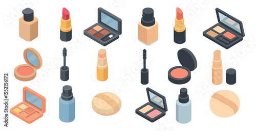 Makeup and cosmetics icons set in isometric style – beauty, skincare, fashion symbols