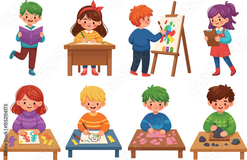 Cartoon kids doing activities, creative children illustration, painting drawing reading, education concept vector, indoor learning set, school table artwork