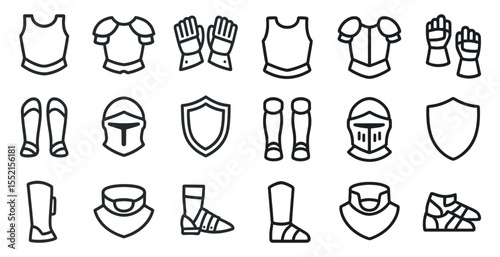Medieval armor and weapons line icons set – outline, knight, battle symbols
