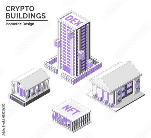 Cartoon Color DEX, NFT Gallery, Blockchain Museum and Virtual Exchange Crypto Buildings Isolated on a White Background City Concept 3d Isometric View Line Elements. Vector illustration