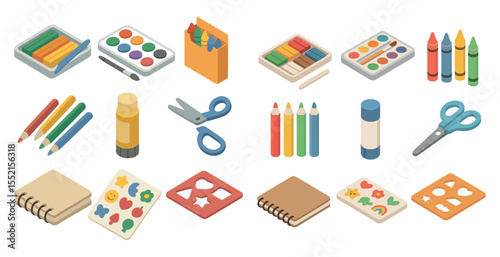 Art supplies isometric icons set – crafting, painting, creative design tools