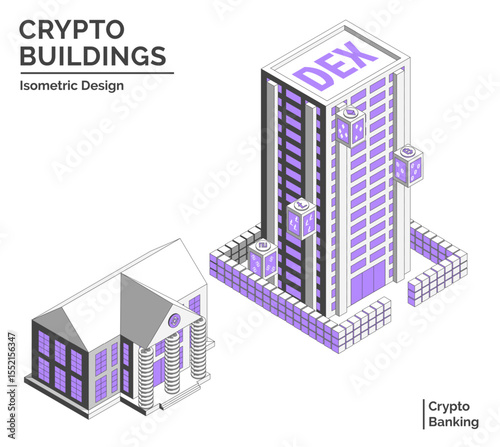 Cartoon Color Decentralized Exchange and Bank Crypto Buildings Isolated on a White Background City Concept 3d Isometric View Line Elements. Vector illustration