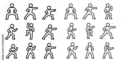 Martial arts icons set – outline, silhouette, combat and self-defense symbols
