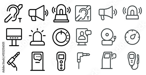 Hearing and alert linear icons set – line style, audio, notification symbols