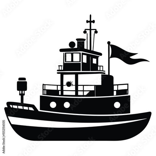 Bold Silhouette of a Tugboat with Flag and Detailed Superstructure Design