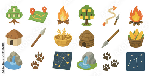 Prehistoric exploration icons set - flat, ancient, history and adventure symbols