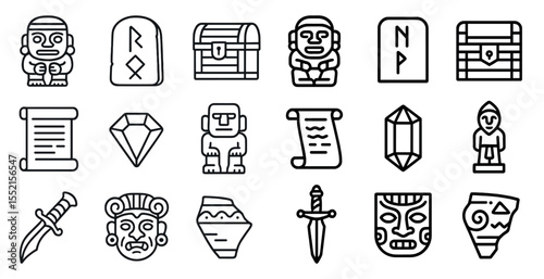 Ancient civilization outline icons set – linear, historic, cultural symbols collection