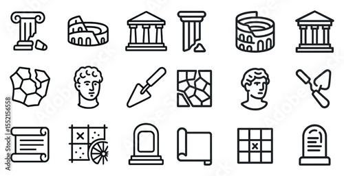 Ancient history linear icons set – outline, archaeological and historic symbols collection