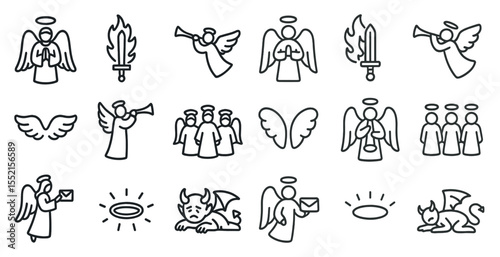 Angel and demon outline icons set – linear, silhouette, spiritual symbols