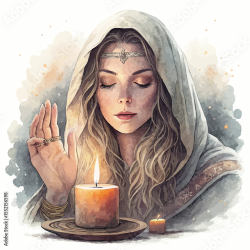 Realistic vector of a female oracle with a candle and outstretched hand. Warm glow, mystical calm. Isolated on white.
