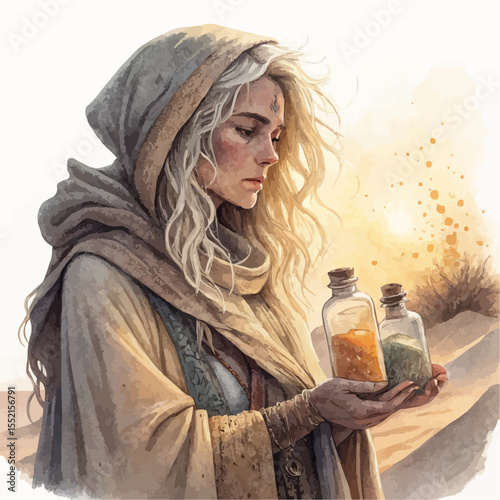 Realistic vector of a desert witch with bottles of colored sand, dressed in linen robes. Warm desert tones. Isolated on white.