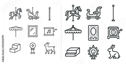 Carnival and festival outline icons set – circus, amusement, fair symbols