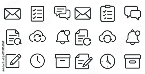 Communication and productivity outline icons set – linear, messaging, teamwork symbols