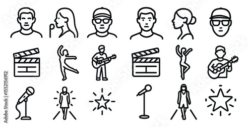 Music and entertainment outline icons set – linear, silhouette, performance and artist symbols