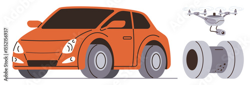 Orange car with sleek design, advanced drone with camera, and futuristic wheel component. Ideal for innovation, automation, smart devices, future transportation, mobility, automotive design simple