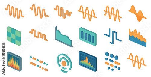 Sound wave isometric icons set – pixel art, audio, frequency and signal symbols