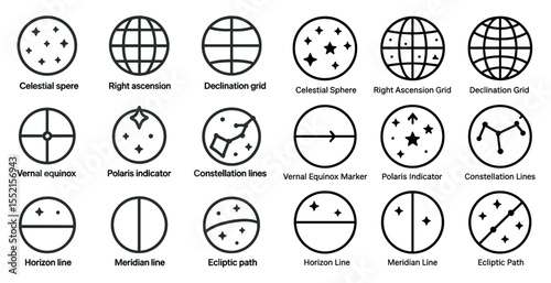 Astronomy and space outline icons set – celestial, cosmic, stargazing symbols