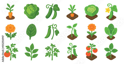 Gardening and plants flat icons set – nature, flora, horticulture symbols