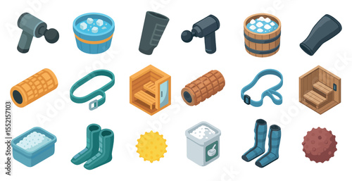Sauna and spa isometric icons set – relaxation, wellness, health symbols