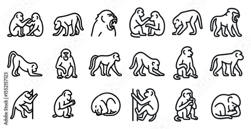 Monkey silhouette icons set – outline, linear, primate vector symbols