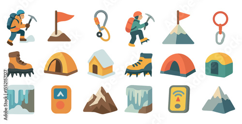 Outdoor adventure flat icons set – hiking, climbing, camping symbols