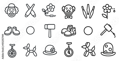 Circus and clown outline icons set – linear, solid, entertainment and carnival symbols
