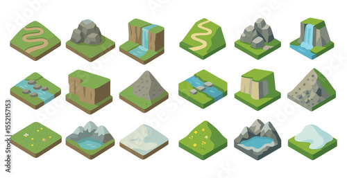 Nature and landscape isometric icons set – 3d, terrain, environment design elements