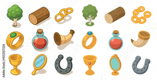 Fantasy game isometric icons set – rpg, adventure, mythical symbols