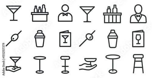 Cocktail icons set – linear, outline, bar tools and drink symbols for mixology