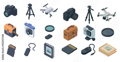 Photography and videography icons set – isometric, camera, film and digital equipment