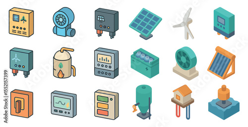 Renewable energy isometric icons set – sustainable, eco-friendly power symbols