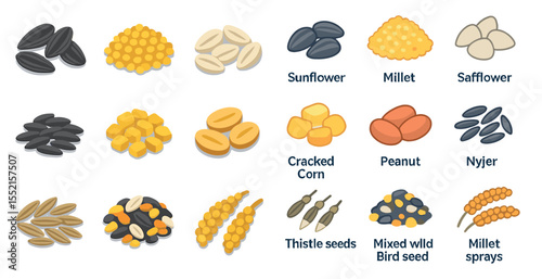 Bird seeds icons set in flat style – nutrition, wildlife feeding symbols