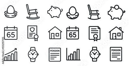 Retirement and savings line icons set – financial, outline, pension planning symbols