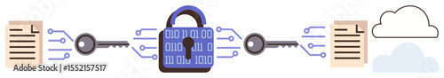 Lock representing encryption between documents and cloud, secured by keys and binary code. Ideal for cybersecurity, data protection, privacy, cloud storage, encryption, key exchange, and network