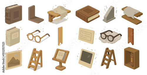 Library book isometric icons set – reading, literature, study and knowledge symbols