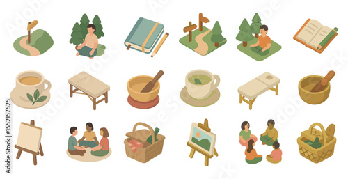 Nature and meditation icons set – isometric, zen, relaxation and mindfulness symbols
