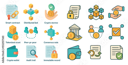 Cryptocurrency and blockchain icons set - flat, solid, financial and tech symbols