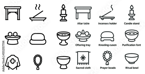 Religious ritual icons set – outline, sacred, spiritual items symbols