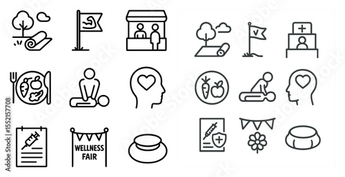 Wellness and health icons set – outline, linear, fitness and medical symbols