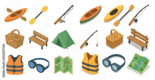Outdoor and camping isometric icons set – adventure, nature, travel essentials