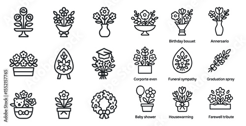 Floral and event outline icons set – elegant, linear, for weddings and parties