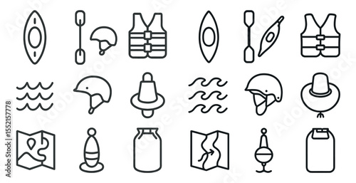 Outdoor adventure line icons set – flat, filled, camping and nature symbols