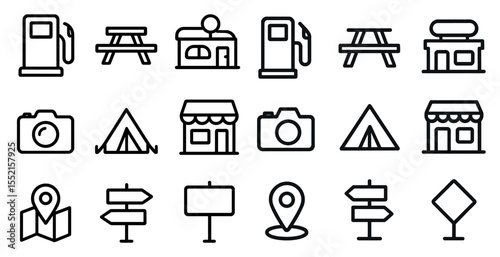 Travel and camping outline icons set – linear, map, adventure essentials